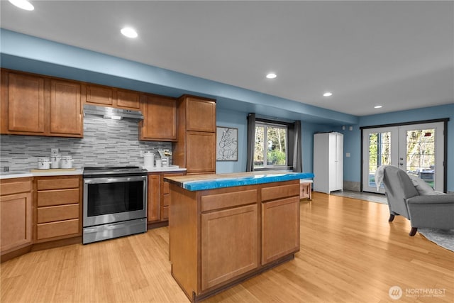 kitchen with tasteful backsplash, light hardwood / wood-style flooring, a kitchen island, a wealth of natural light, and electric stove