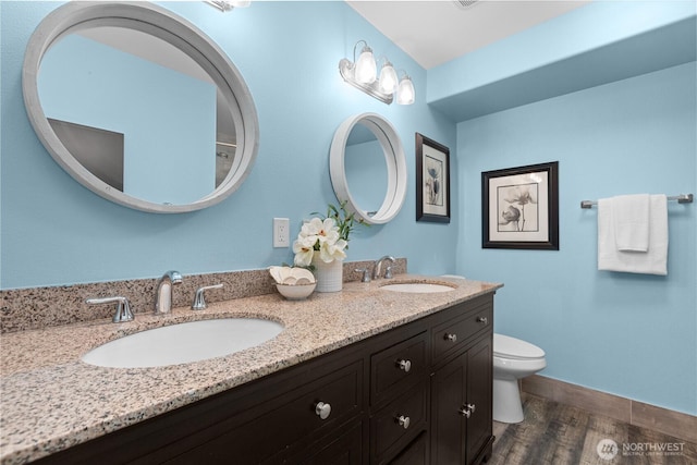 bathroom featuring vanity, wood-type flooring, and toilet