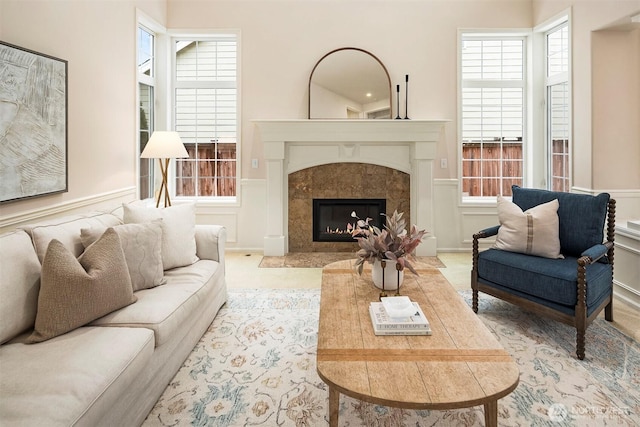 living room with a fireplace