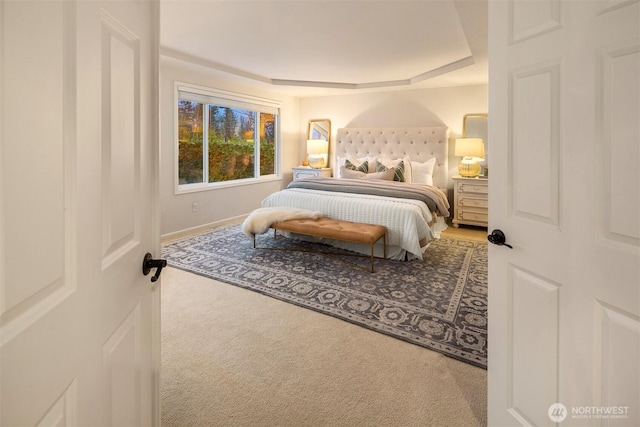 carpeted bedroom featuring a tray ceiling