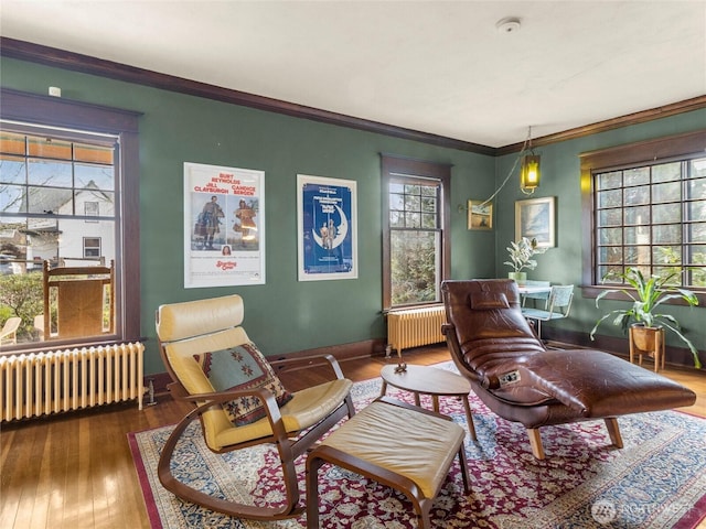 living area with radiator, crown molding, and wood-type flooring