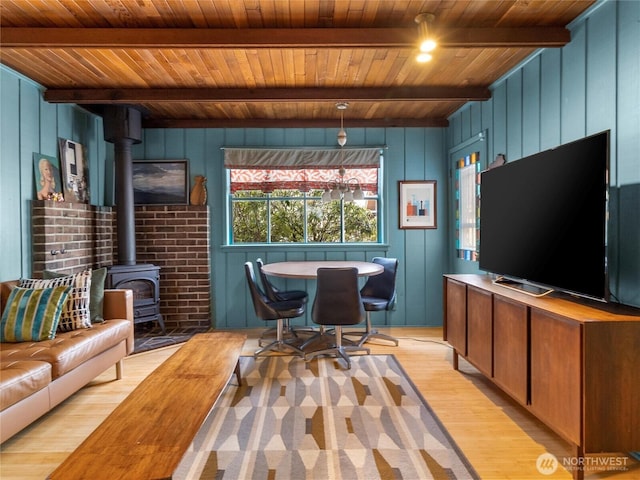 interior space with light hardwood / wood-style floors, wooden ceiling, beamed ceiling, and a wood stove