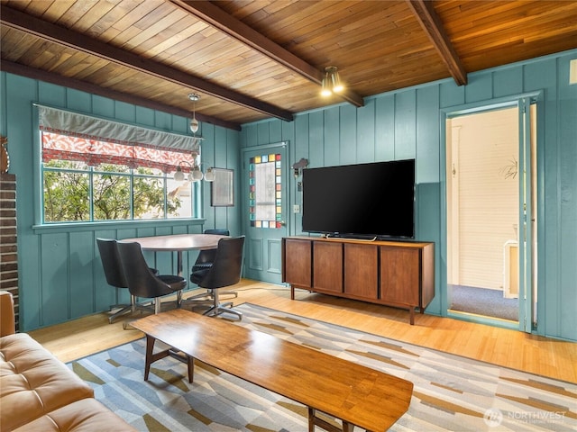 unfurnished living room featuring wood ceiling, beam ceiling, and light wood-type flooring