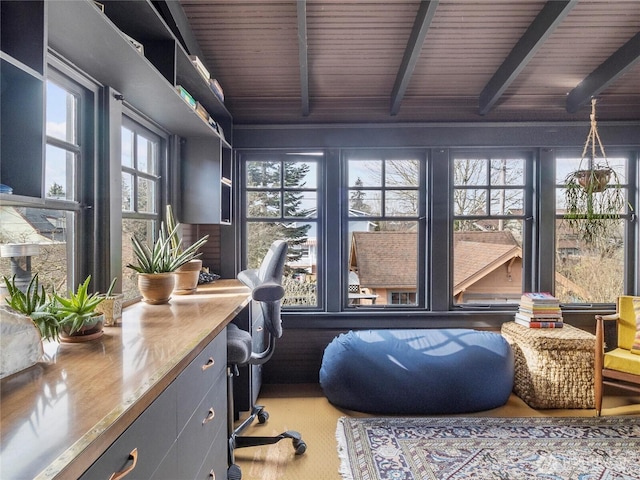 office area featuring wood ceiling and beam ceiling