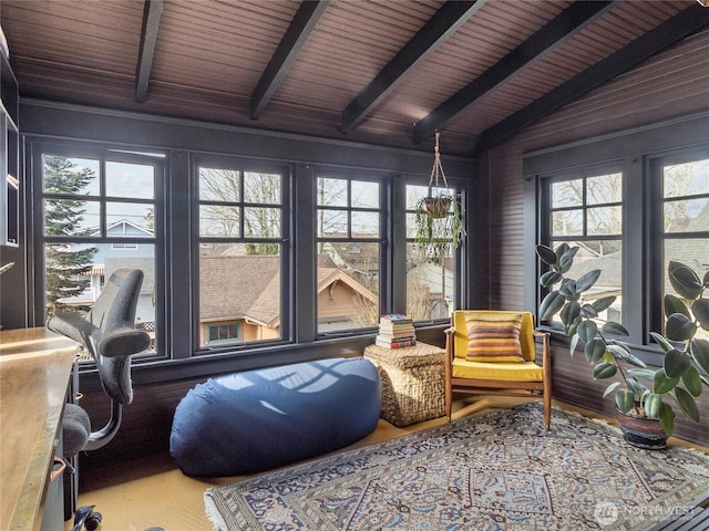 sunroom / solarium with lofted ceiling with beams and wood ceiling