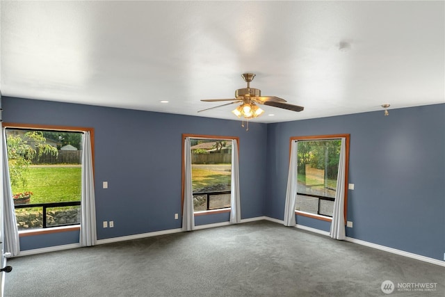 unfurnished room featuring ceiling fan, carpet floors, and a wealth of natural light