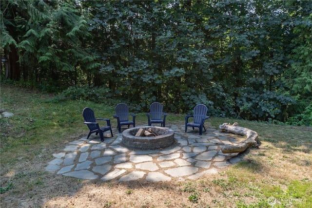 view of patio / terrace featuring an outdoor fire pit