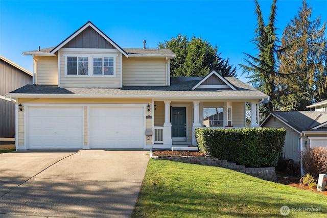 front facade featuring a porch, a garage, and a front yard