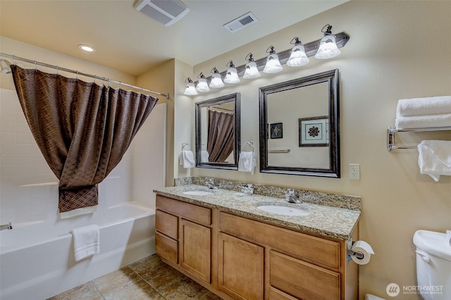 full bathroom featuring shower / bathtub combination with curtain, vanity, and toilet