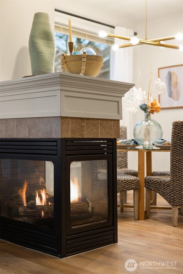 room details featuring a multi sided fireplace and wood finished floors