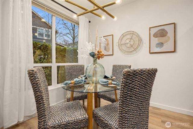 dining space featuring baseboards and wood finished floors