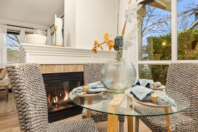 room details featuring wood finished floors and a fireplace