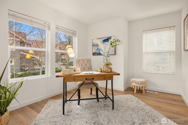 office with baseboards and wood finished floors