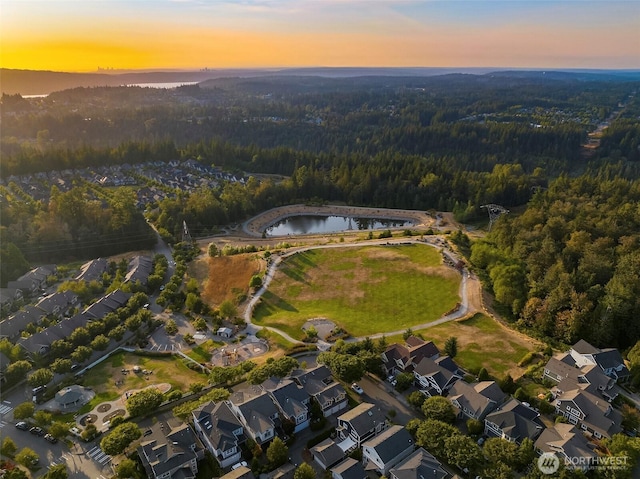 aerial view at dusk with a view of trees and a water view