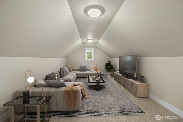 living room with carpet floors and vaulted ceiling