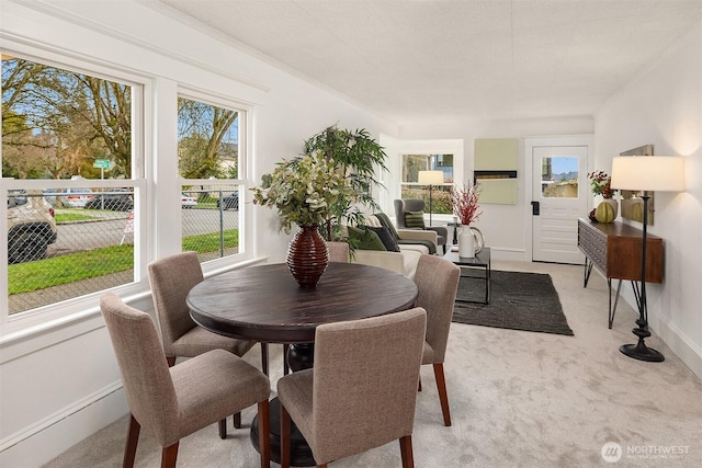 dining space with light carpet