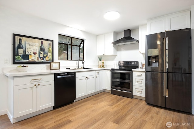 kitchen with black dishwasher, fridge with ice dispenser, light countertops, wall chimney range hood, and double oven range