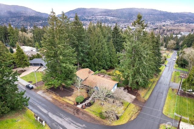 bird's eye view with a mountain view and a forest view