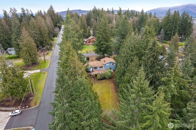 aerial view featuring a mountain view and a view of trees