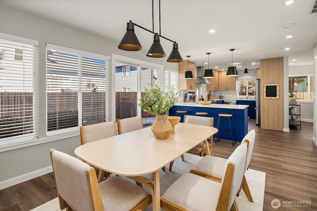 dining area with dark hardwood / wood-style flooring