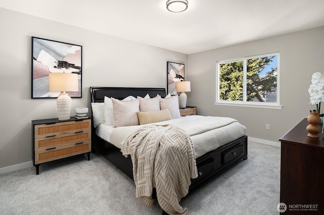 bedroom with light colored carpet