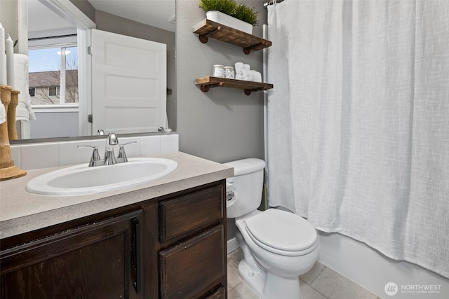 bathroom with vanity, toilet, shower / bath combination with curtain, and tile patterned floors