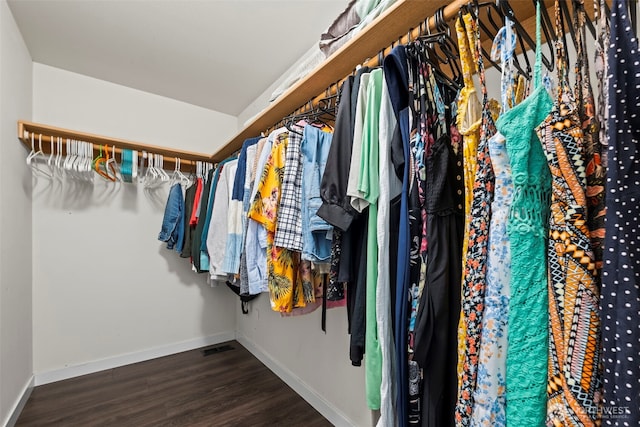 spacious closet with dark wood finished floors