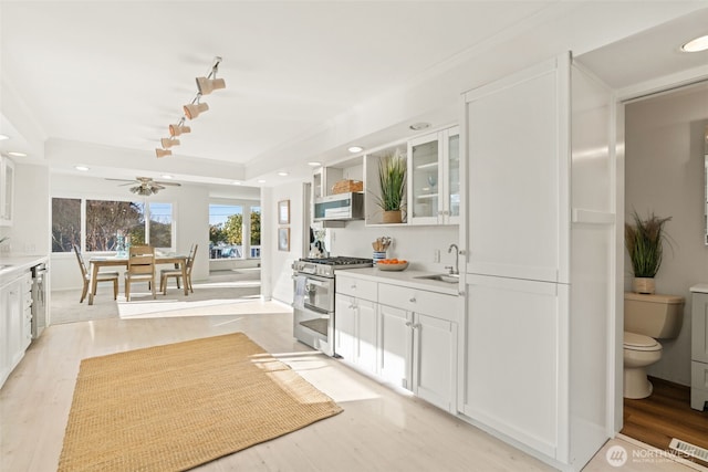 kitchen featuring white cabinetry, sink, a tray ceiling, stainless steel appliances, and light hardwood / wood-style flooring