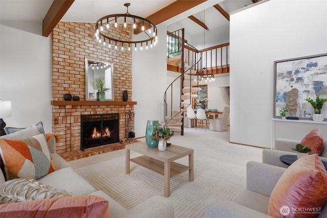 living room with a brick fireplace, light colored carpet, beam ceiling, an inviting chandelier, and high vaulted ceiling