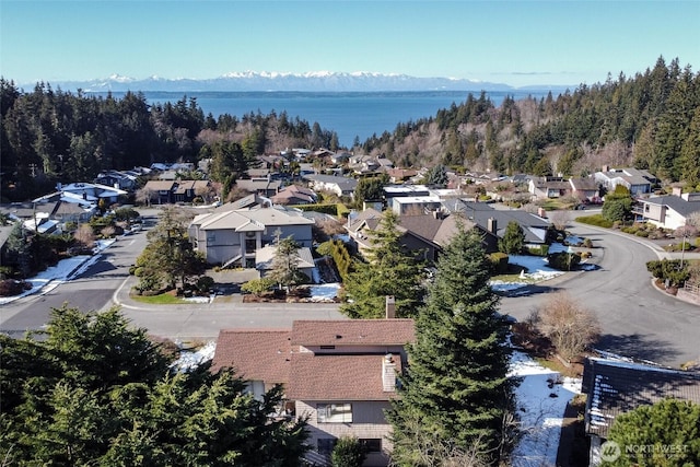 birds eye view of property featuring a water and mountain view