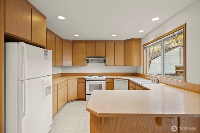 kitchen with sink, white appliances, and kitchen peninsula