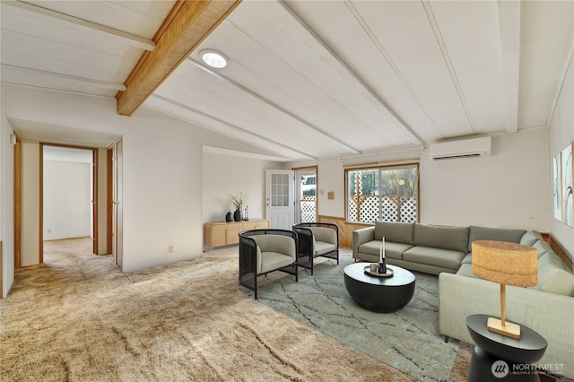 living room with lofted ceiling with beams, a wall mounted AC, and carpet flooring