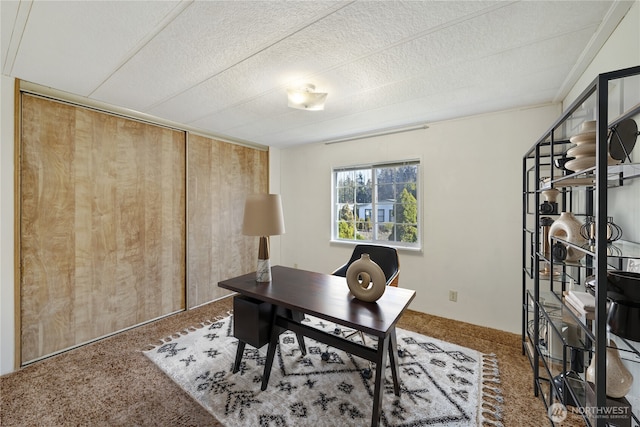 home office with carpet and a textured ceiling