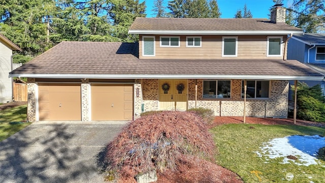 view of front of home with a garage, a front yard, and a porch