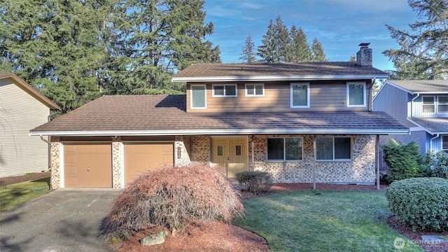 view of front of home with a garage and a front lawn