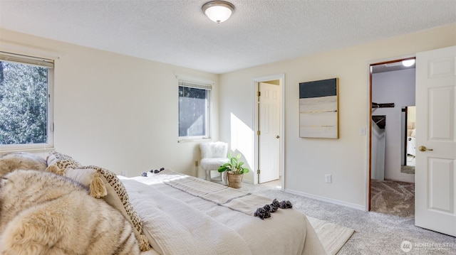 bedroom with light carpet, a spacious closet, and a textured ceiling