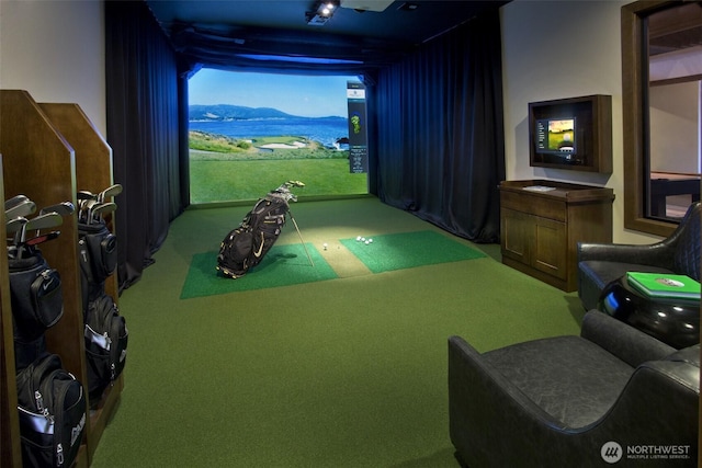 game room with golf simulator and carpet