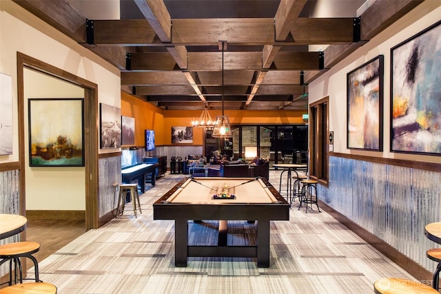 rec room with beamed ceiling, billiards, coffered ceiling, and wood walls