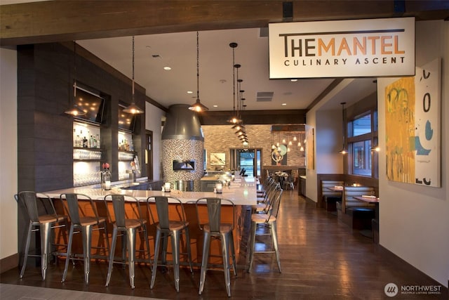 bar featuring tasteful backsplash, hanging light fixtures, and dark hardwood / wood-style floors