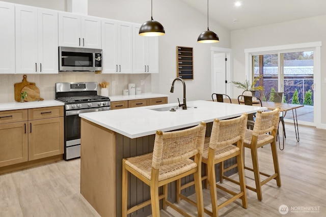 kitchen featuring sink, appliances with stainless steel finishes, a kitchen island with sink, hanging light fixtures, and white cabinets