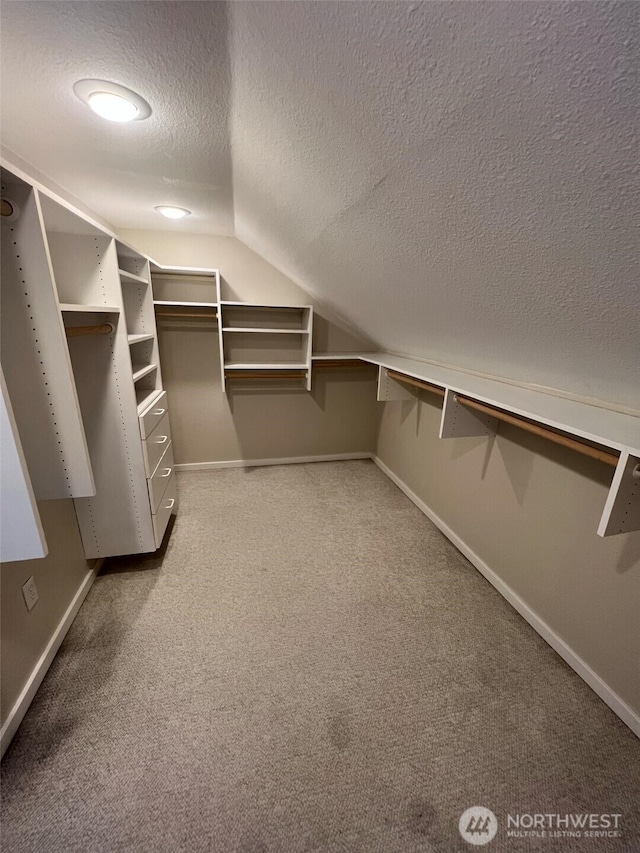 walk in closet featuring vaulted ceiling and carpet floors