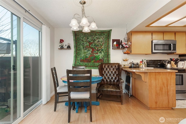 dining room with an inviting chandelier, a textured ceiling, and light wood-type flooring