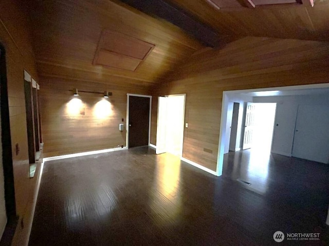 21405 124th Ave SE, Kent, WA 98031 - unfurnished room featuring attic access, wooden walls, wood finished floors, and lofted ceiling