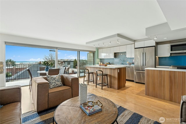 living room with light hardwood / wood-style floors and sink