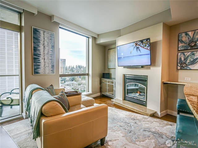 living room featuring a glass covered fireplace, baseboards, and wood finished floors