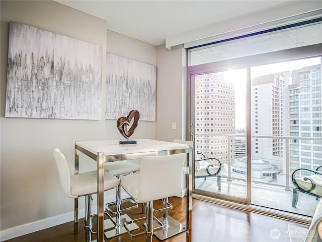 dining room with a view of city, baseboards, and wood finished floors