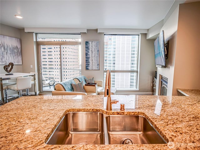 kitchen with light stone countertops, a sink, and a glass covered fireplace