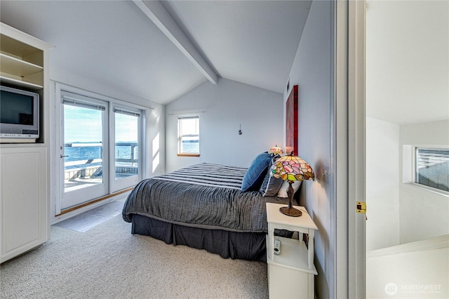 bedroom featuring lofted ceiling with beams, access to outside, and carpet flooring