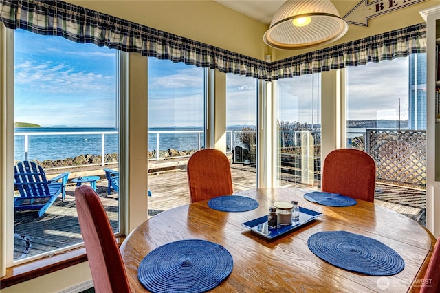 dining room with a healthy amount of sunlight and a water view