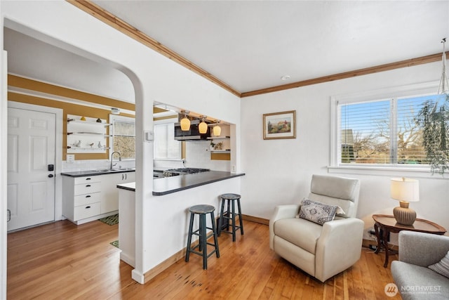 kitchen with white cabinetry, crown molding, sink, and light hardwood / wood-style flooring